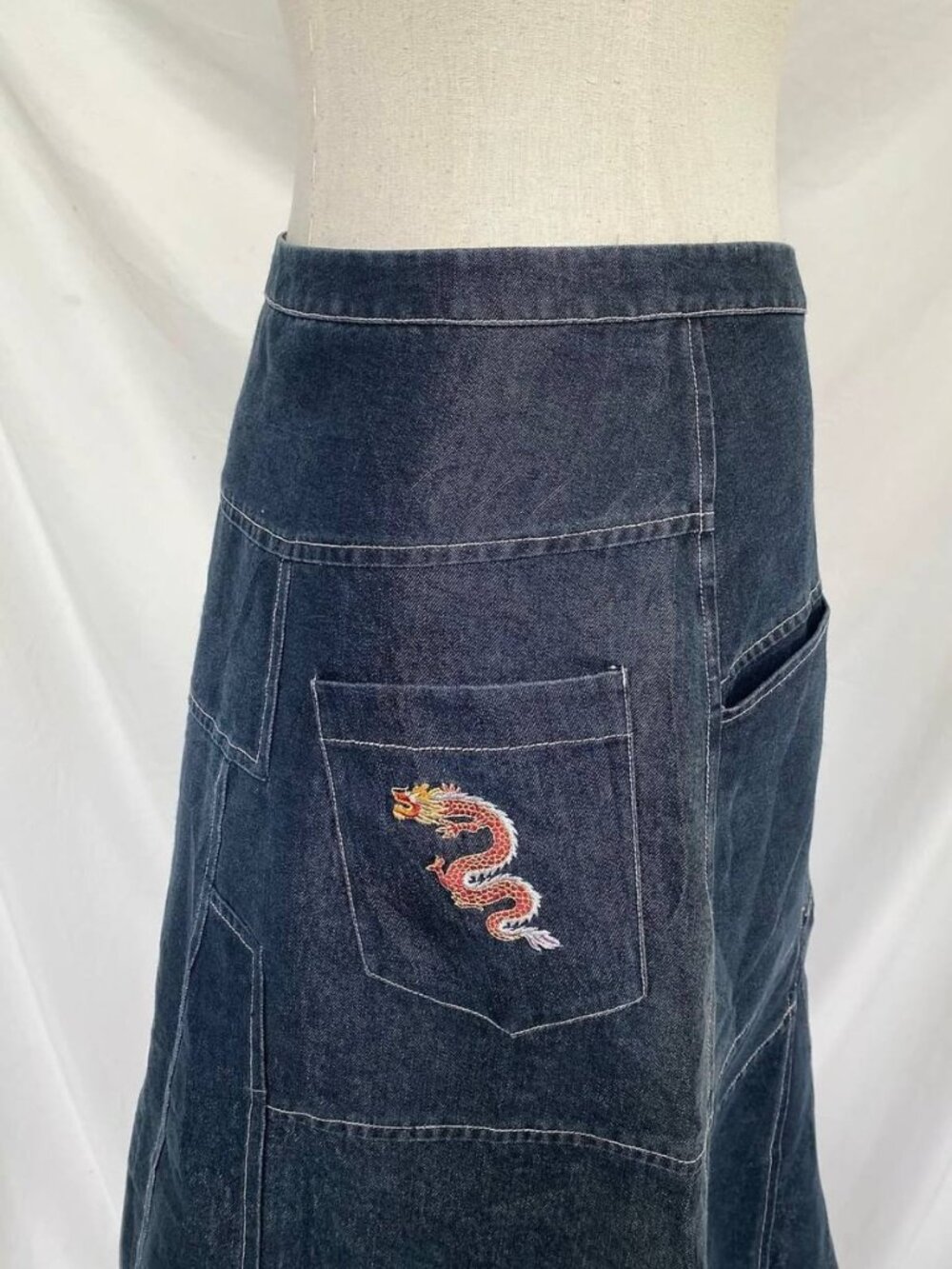 Y2K Dark Wash Denim Midi Skirt Asymmetrical Patchwork Panel A-Line Skirt - Picture 6 of 6